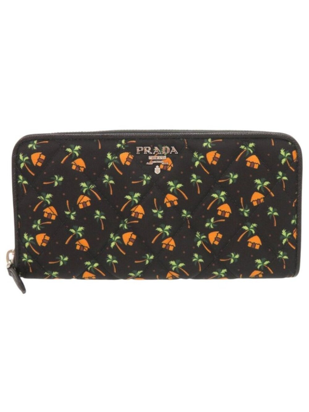 Prada Palm Tree House Nylon Saffiano Leather Black Multicolor Zip Around Wallet